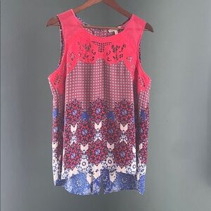 Pale Sky Floral and Geometric Blouse lace details button down the back